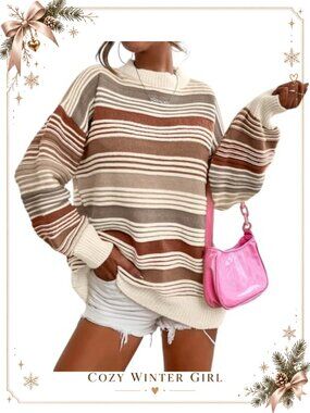 Oversized Striped Pullover Sweater Long Sleeve Crew Neck Knit Jumper